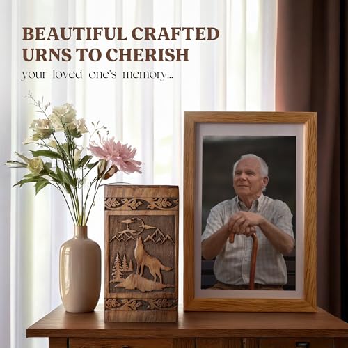 Wooden Cremation Urns for Human Ashes 120 lbs - Decorative Funeral, Burial Urn for Adult Female & Male - Wood Urn for Women, Men & Loved Ones - Wolf - size: Small - 120 Cu/in
