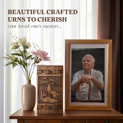 Wooden Cremation Urns for Human Ashes 120 lbs - Decorative Funeral, Burial Urn for Adult Female & Male - Wood Urn for Women, Men & Loved Ones - Wolf - size: Small - 120 Cu/in