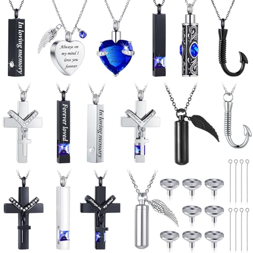 Huquary 16 Pcs Urn Necklace for Ashes Waterproof Stainless Steel Carved Ashes Locket with 8 Filling Kit Heart Cylinder Cross Cubic Fish Hook Jewelry for Ashes with Wing Diamond for Men Women - color: Blue