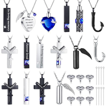 Huquary 16 Pcs Urn Necklace for Ashes Waterproof Stainless Steel Carved Ashes Locket with 8 Filling Kit Heart Cylinder Cross Cubic Fish Hook Jewelry for Ashes with Wing Diamond for Men Women - color: Blue