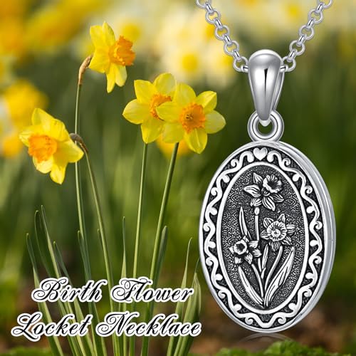 Birth Flower Photo Locket Necklace 925 Sterling Silver 12 Month Locket Necklace with Picture Birth Flower Photo Jewelry Gifts for Women Mother Mom Daughter - color: 03-March-Daffodil, style: 1.no custom