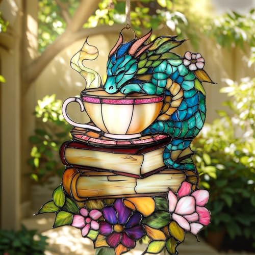Book Dragon Floral Teacup Acrylic Suncatcher Size 6 inches, Bookish Stained Glass Effect Window Hanging Ornament, Garden Decor, Gift for Book Lover Reader Bookworm - color: Book-dragon-1, size: 6"