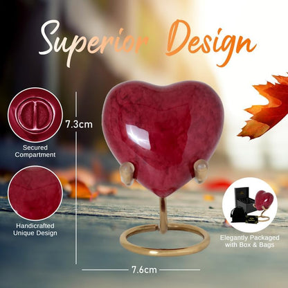 Heart Urn with Stand & Box Keepsake Urn for Human Ashes Mini Cremation Urn for Men & Women (Red) - color: Red