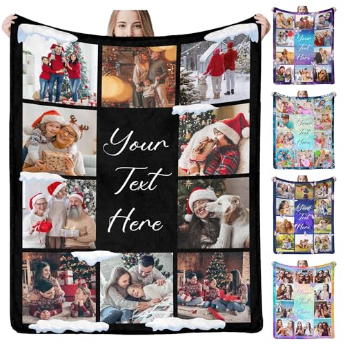 Custom Blanket with Picture Text Customized Blanket Thows Personalized Blanket Customizable Photo Blankets for Mom Dad Wife Husband Daughter Sister on Christmas Birthday Valentine's Day - color: 10 Photo With Border