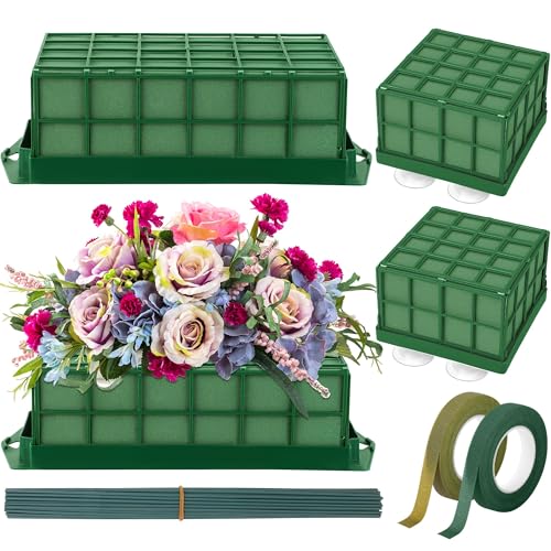 Hahood 3 Packs Floral Foam Cage Rectangle and Square Flower Holder with Floral Foam Blocks Flower Cage Holders Flower Arrangements Supplies Cage for Fresh Flowers, Wedding Home Garden Decorations