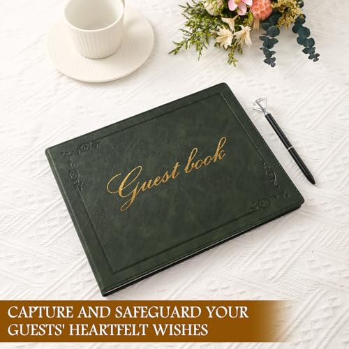 8x10 Inch Wedding Guest Book - 120 Blank & Lined Pages, Gold Foil PU Leather Hardbound Cover, Durable Sewn Binding, Green - color: Green