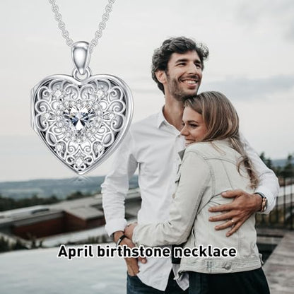 Heart Locket Necklace 925 Sterling Silver Personalized Picture Locket Pendant Birthday Christmas Jewelry Memorial Gifts for Women - color: April Crystal Locket