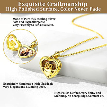 Bestyle Sterling Silver Heart Locket Necklace for Women, Dainty Cute Small Heart Locket Pendant in Gold/Rose Gold/Silver, Love Statement Jewelry Gift for Mother Wife - color: C1. Claddagh-Gold-Locket Only, NO Custom