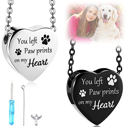 Yinkin 2 Pcs Pet Cremation Jewelry for Ashes Urn Necklace,Classic | Pet Dog Necklace with Paw Print Heart Stainless Steel Pendant Black and Silver Urn Locket with Funnel Kit for Dog Cat Ashes - style: Classic