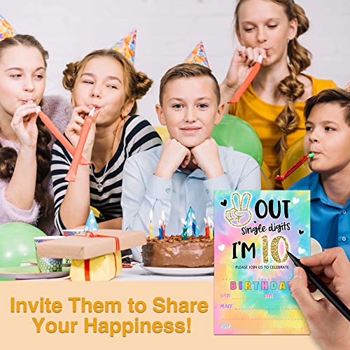 YSTEP Tie Dye 10th Birthday Party Invitations, 20 Invite Cards with Envelopes, 4"x6" Peace out Single Digits Birthday Party Invites - A12 - style: style 1