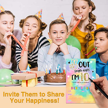 YSTEP Tie Dye 10th Birthday Party Invitations, 20 Invite Cards with Envelopes, 4"x6" Peace out Single Digits Birthday Party Invites - A12 - style: style 1