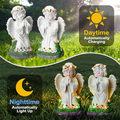 Amyhill 2 Pack Angel Garden Decor Statue Solar Outdoor Figurine Angel Gifts for Women Mom Grandma Light up Cherub Ornaments Outside Yard Lawn Patio Porch Sculpture Decorations