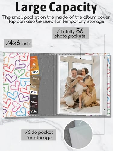 Photo Album 4x6, 56 Pockets Small Picture Book Love Heart | Mini Cute, Postcard Vacation Travel Wedding Graduation, PU Leather Family Grandma Child Mom Gift, Personalized Large Capacity - color: Love Heart