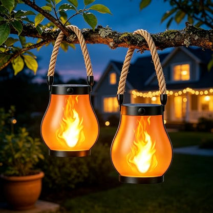 Solar Lanterns Outdoor Waterproof,2 Pack Flickering Flame Hanging Lanterns | 2 Modes Dual Charging Solar & USB for Garden Yard Patio Porch Tree Decor