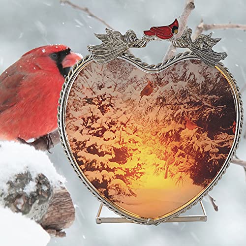 Cardinal Winter Scene Tealight Candle Holder, Snowy Forest Votive Candleholder with Red Cardinals and Metal Angel Accents, Clear Base Christmas Memorial Decor, Sympathy Gift, 4 5/8 x 4 1/8 x 2.5