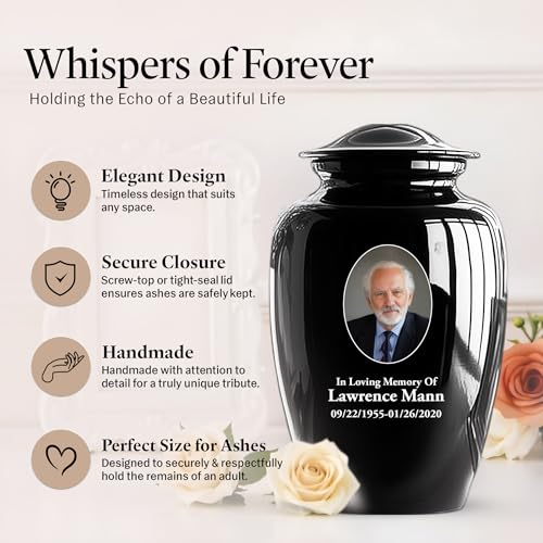 Custom Photo Cremation Urns for Human Ashes Adult Male Female - 200lbs Personalized Text Burial Urns for Human Ashes - Engraved Handcrafted Funeral Urn for Adult Velvet Bag, Black 10 Inch - color: Black