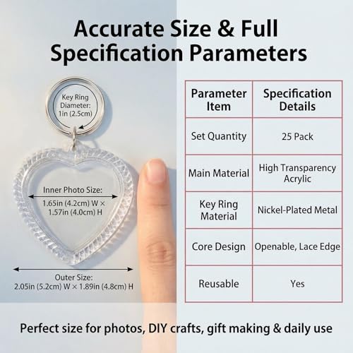 25Pcs Acrylic Photo Keychain Snap-in Keychain Double Sided Blank Custom Frames Heart-Shaped Clear Insert Photo Picture Frame with Keyring Christmas Ornaments Keyring Holder(Embossed Edges)