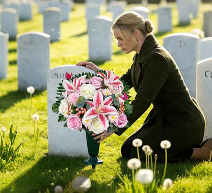 Artificial Cemetery Flowers,Memorial Flowers,Beautiful Arrangements for Headstones,Silk Lily Rose Berries Daisy