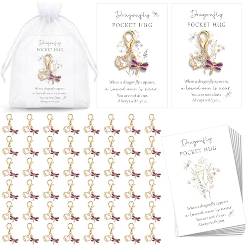 50 Set Memorial Funeral Favors for Guest, Memorial Keychains Sympathy Card Organza Bag, Sympathy Gift for Celebration of Life Funeral Favors Bereavement Guest Return Gift(Dragonfly,Purple) - color: Purple, style: Dragonfly