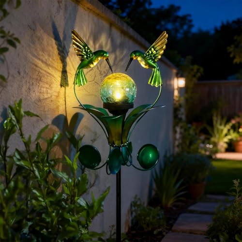 Decorative Solar Outdoor Light, Hummingbird Glass Globe Stake for Lawn Yard - color: Green Hummingbird