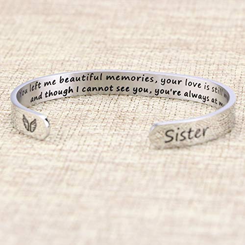 Memorial Gifts for Loss of Mom Dad In Memory of Jewelry Sympathy Bracelet | Bereavement Cuff Secret Message Engraved Grief Gifts for Women - style: Sister Memorial Gift- You left me beautiful memories