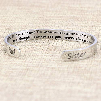 Memorial Gifts for Loss of Mom Dad In Memory of Jewelry Sympathy Bracelet | Bereavement Cuff Secret Message Engraved Grief Gifts for Women - style: Sister Memorial Gift- You left me beautiful memories