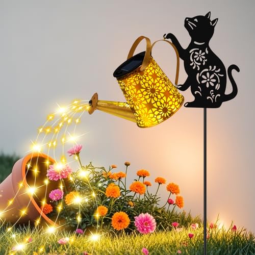 Solar Garden Lights Outdoor Decor, Cat Watering Can Lights for Yard, 1 Pack | Cat Silhouette Watering Can with Cascading Fairy Lights, Waterproof Metal Yard Decor for Patio, Lawn, Gifts for Mom and Women - color: Cat, size: 1 PACK