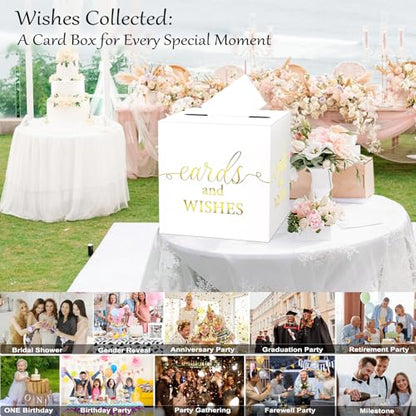WNINK White Card Box with Gold Foil Design, Cards and Wishes Gift Cards Box Receiving Box for Wedding Receptions, Bridal & Baby Showers, Anniversaries, Birthdays Party, Graduations, Retirements - color: Cards Wishes White Gold