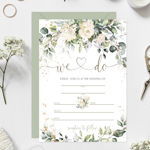 Whaline 25 Sets Greenery Floral Wedding Invitation with Envelopes Stickers Eucalyptus Leaves Fill in Blank Invites Cards for Bridal Shower, 5 x 7 Inch - style: Greenery Floral