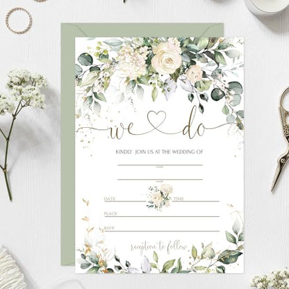 Whaline 25 Sets Greenery Floral Wedding Invitation with Envelopes Stickers Eucalyptus Leaves Fill in Blank Invites Cards for Bridal Shower, 5 x 7 Inch - style: Greenery Floral