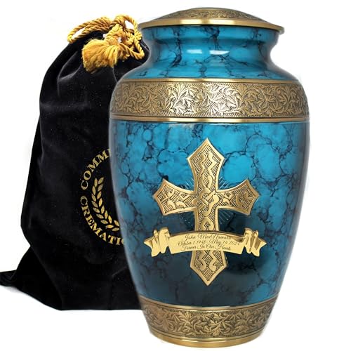 Blue Cross Cremation Urns for Human Ashes Adult Male Urns for Ashes - color: Blue - Engraved Ribbon, size: Large