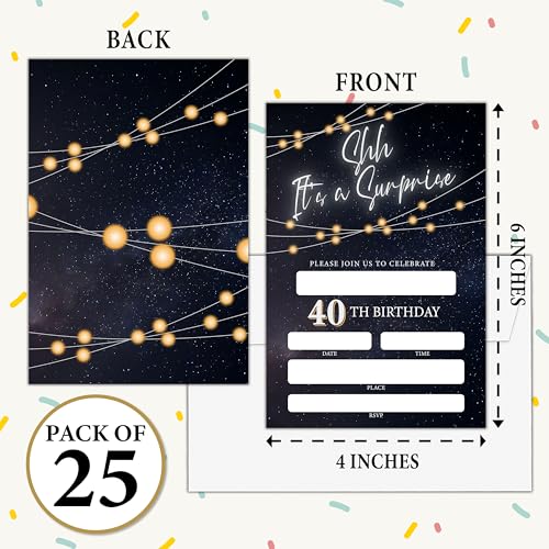 Birthday Invitations - Black Gold Glitter Bday Invites with Envelopes(25-Count) - Surprise 40th Fill-in Invite Cards for Party Supplies Favors Decorations - F08 - style: Shh 40th