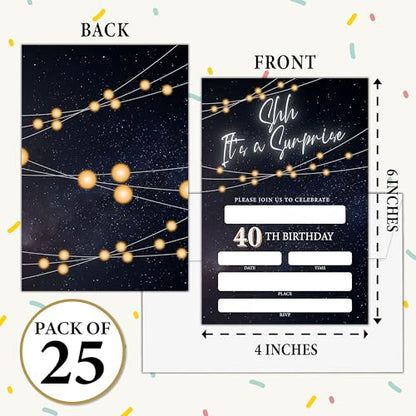 Birthday Invitations - Black Gold Glitter Bday Invites with Envelopes(25-Count) - Surprise 40th Fill-in Invite Cards for Party Supplies Favors Decorations - F08 - style: Shh 40th