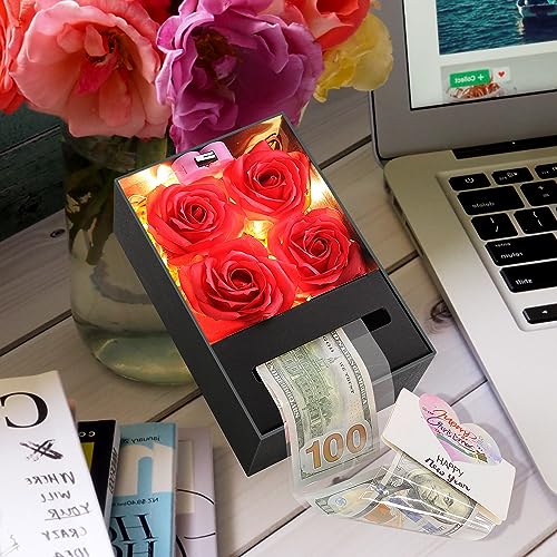 Money Box for Cash Gift Pull, Money Gift Boxes for Cash on Birthday, Christmas, Graduation, Mother's Day, for Husband, Wife, Girlfriend, Mother With Soap Rose Flower and Greeting Cards (Black+Red) - color: Black+Red