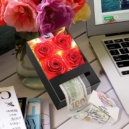 Money Box for Cash Gift Pull, Money Gift Boxes for Cash on Birthday, Christmas, Graduation, Mother's Day, for Husband, Wife, Girlfriend, Mother With Soap Rose Flower and Greeting Cards (Black+Red) - color: Black+Red