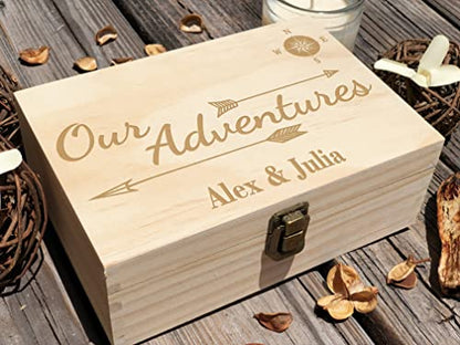 Our Adventures Box, 8.5 in x 8 in x 2.5 in, Wooden Keepsake & Memory Box, Unique Gift Idea, 5th, Custom Engraving - color: Custom Engraving