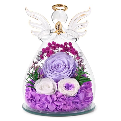 Bessol Gifts for Women Birthday Gifts for Mom Flowers for Delivery Fresh Eternal Preserved Rose Forever Flower in Glass Angel Figurines Gift Anniversary for Grandma Wife Sister Daughter Friends - color: Lavender Purple (Rose, Austin, Baby's Breath, Hydran