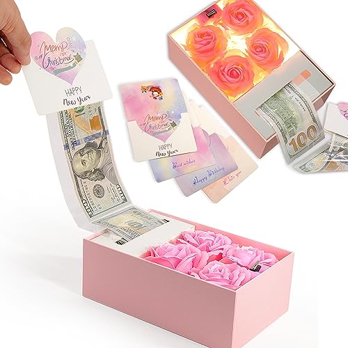 Money Box for Cash Gift Pull, Money Gift Boxes for Cash on Birthday, Christmas, Graduation, Mother's Day, for Husband, Wife, Girlfriend, Mother With Soap Rose Flower and Greeting Cards (Pink+Pink) - color: Pink+Pink