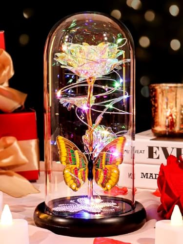 Birthday Gifts for Women Mom Galaxy Flower Colorful Rose in Glass Dome - color: Colorful