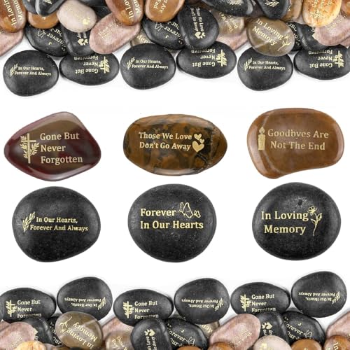 Yuntau 18 Pcs Memorial Stone 1.97 Inch Celebration of Life Favor Inspirational River Rock Engraved in Loving Memory Funeral Favor Decoration for Fathers Day Gift (Deep Color,Classic Style) - color: Deep Color, size: Classic Style