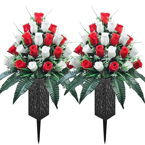Mirevielyn 2-Pack 24-Stem Artificial Rose Cemetery Flowers with Vases - color: Red & White