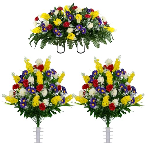 Sympathy Silks Artificial Flowers for Cemeteries - Realistic Grave Decorations - Yellow, Red, and Purple Wildflower Mix - Saddle with (2) Bouquets - color: Yellow Red, size: Saddle-2 Bouquets
