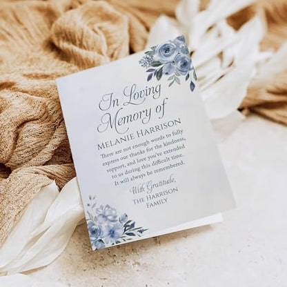 Soft Blue Floral Sympathy Thank You Cards, Folded Watercolor | Personalized, In Loving Memory Notes, Elegant Light Navy, Custom Memorial/Funeral Acknowledgment Set with Name