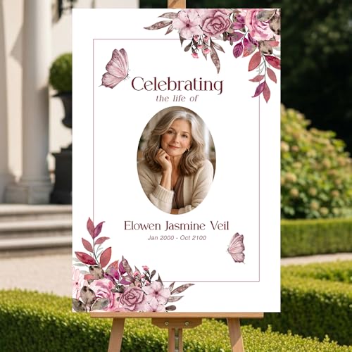 Personalized Celebration of Life Welcome Sign with Photo, Obituary Welcome Sign with Name and Date, Celebrating a Beautiful Life Butterfly Flower Tribute, Butterfly Flower Remembrance Decor, Custom Funeral Welcome Sign (Edition 5) - color: Edition 5