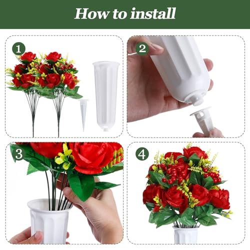 Tigeen 4 Sets Artificial Cemetery Flowers with Vase for Grave,White, Red - color: White, Red