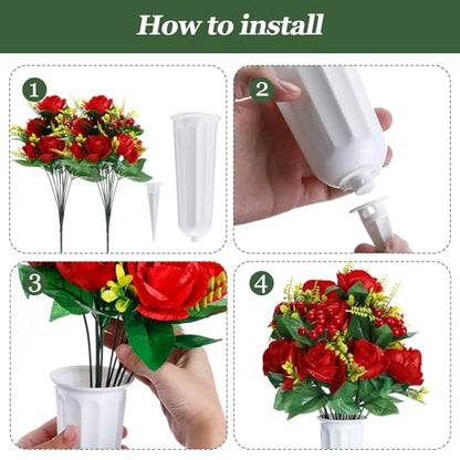 Tigeen 4 Sets Artificial Cemetery Flowers with Vase for Grave,White, Red - color: White, Red