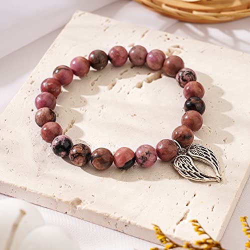 QWNHONEY Memorial Gifts for Loss of Loved Sympathy Remembrance In Memory of Mother Father Pet Bereavement Grief Pink Red Beads Bracelet with Angle Wings Jewelry Gifts for Women - style: Redbean-Wings-I was always his angel, now he's mine
