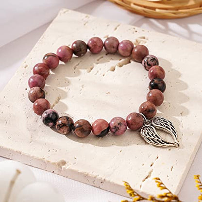 QWNHONEY Memorial Gifts for Loss of Loved Sympathy Remembrance In Memory of Mother Father Pet Bereavement Grief Pink Red Beads Bracelet with Angle Wings Jewelry Gifts for Women - style: Redbean-Wings-Your wings were ready