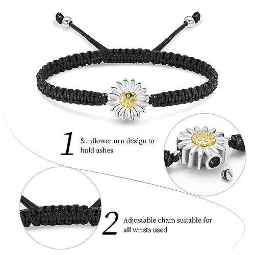 shajwo Sunflower Cremation Urn Bracelet for Ashes for Women | Adjustable Cremation Jewelry Braided Rope Memorial Bracelet - color: Gold