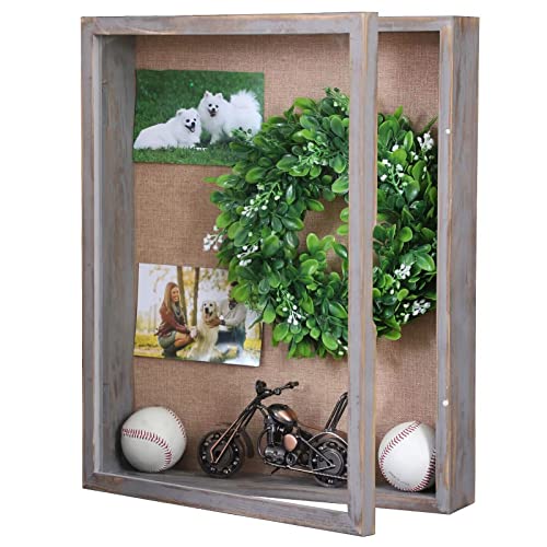 Rustic Grey Shadow Box Frame 16x20, Extra Large Deep Shadow Box with Opening Door, Big Display Case for Wedding Bouquet Memorabilia Keepsakes Photos Tickets Military Postcard | Real Wood; 16x20-Inch Display; 4-Inch External Depth; Opening Door; Wall-Mount
